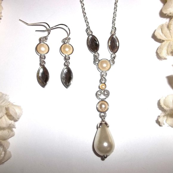 SAQ Y Necklace and Earring Set Silver Faux Pearl Ivory Cream Beige Beaded C446 - Picture 1 of 6